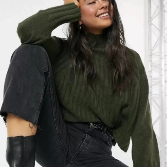NWT Topshop Green Funnel Neck Ribbed Knit Sweater 14 - Picture 6 of 9